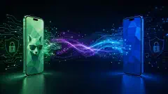 An illustration showing two smartphones facing each other, one with green accents and the other with blue. Colorful abstract data streams between them represent privacy and anonymity.