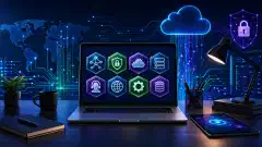 A modern workspace illustration featuring a sleek desk with a laptop showing certification icons, surrounded by vibrant graphics of tech skills, on a dark navy background.