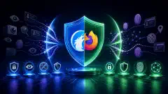 An illustration showing a digital landscape with a shield-like structure symbolizing privacy, surrounded by vibrant icons representing data protection, against a dark background.
