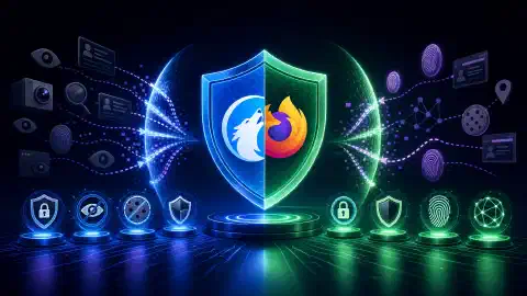 An illustration showing a digital landscape with a shield-like structure symbolizing privacy, surrounded by vibrant icons representing data protection, against a dark background.