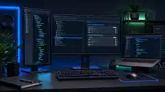 A modern workspace with multiple computer screens showing code and policy definitions for the Chromium browser, set against a dark background with vibrant blue and green accents.
