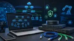 An illustration of a modern training environment for Cisco CCNA exam preparation, featuring a laptop with a network diagram, routers, and switches, all set against a dark background with vibrant colors.