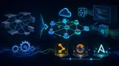 An illustration depicting a network diagram with interconnected nodes and abstract representations of APIs and configuration management tools, set against a dark background with vibrant colors.