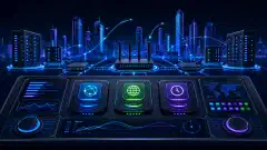 A digital illustration of a futuristic control panel with glowing buttons, set against a dark cityscape filled with servers and routers, symbolizing network management and IP services.