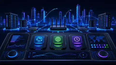 A digital illustration of a futuristic control panel with glowing buttons, set against a dark cityscape filled with servers and routers, symbolizing network management and IP services.