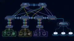 An illustration depicting a network topology with interconnected switches, VLAN configurations, EtherChannel connections, and wireless access points, all on a dark background.