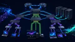 A digital illustration of various network components including routers and switches, interconnected with vibrant lines on a dark background, representing a modern network topology.