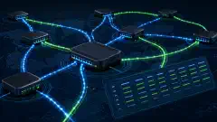 An illustration of interconnected routers on a dark background, featuring glowing data flows in blue and green and a detailed routing table overlay with various network components.