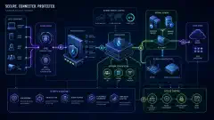 An illustration of a secure network environment featuring routers, switches, and visual data flow lines. The background is dark navy with vibrant blue, green, and purple accents representing cybersecurity elements.