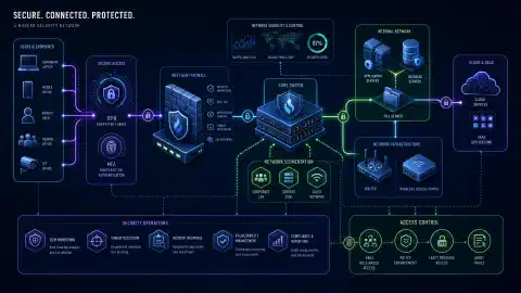 An illustration of a secure network environment featuring routers, switches, and visual data flow lines. The background is dark navy with vibrant blue, green, and purple accents representing cybersecurity elements.