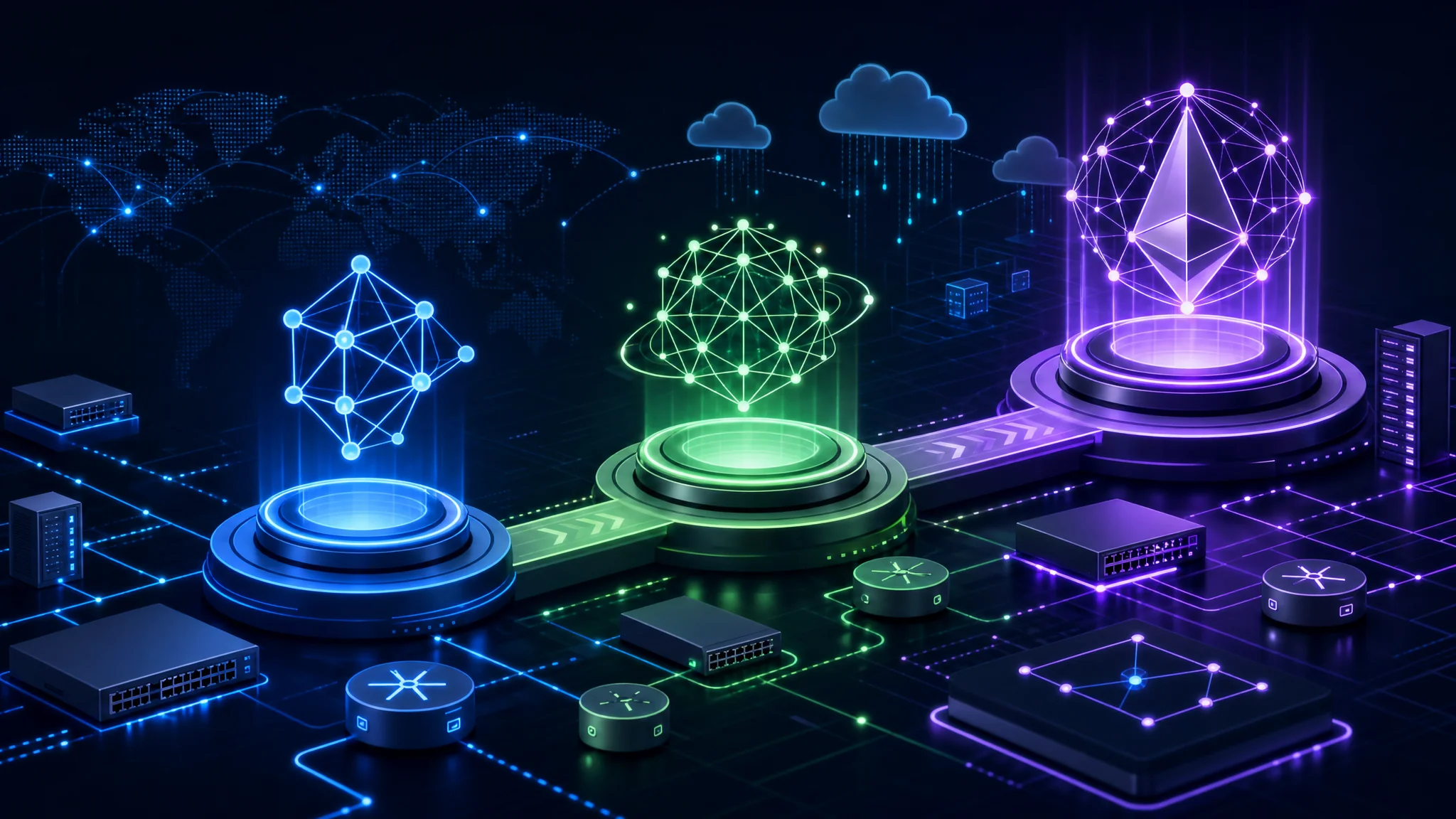 An abstract illustration of Cisco networking certifications, showing three levels represented by vibrant symbols, with interconnected routers and switches against a dark background.
