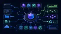 Blue and purple tool icons, folders, and abstract chart panels connected to a central geometric hub on a dark background