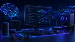 A high-tech workspace with a computer displaying a coding interface, surrounded by gadgets like a tablet and smart speakers, set against a dark blue background with glowing colorful accents.