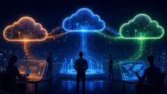 An illustration of three different cloud icons representing AWS, Azure, and GCP, connected by glowing data streams against a dark navy background. Silhouettes of IT professionals interact with holographic devices.
