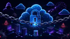 An illustration of a cloud computing environment showing stylized cloud icons and digital locks, set against a dark background with abstract network connections, depicting threats to cloud security.