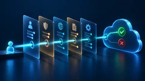 Several cloud policy layers combining into one allow or deny decision.