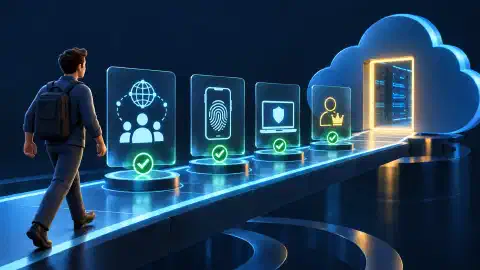 A cloud administrator passing federation, strong authentication, device, and privilege checks.