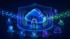 A digital illustration of a cloud server surrounded by layers of visual security elements, with data streams and glowing accents on a dark navy background.