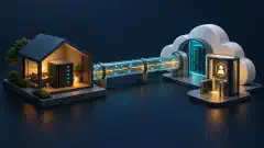 A home server connects through a transparent passage to a cloud gateway with a separate identity checkpoint.