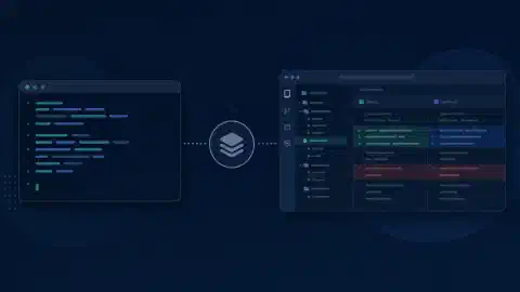 Terminal and desktop coding workspaces connected to a repository symbol with teal and blue accents