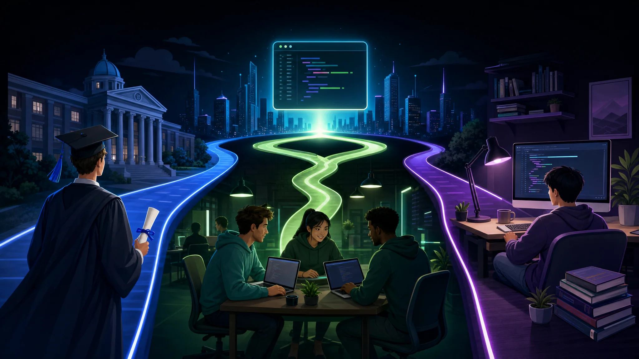 An illustration showing three paths to becoming a software developer: a university graduate with a diploma, bootcamp students collaborating on laptops, and a self-taught learner surrounded by coding books at home.