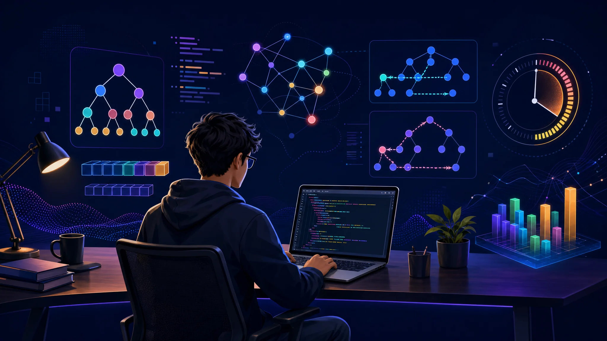 A coder at a modern desk working on a laptop, surrounded by colorful floating representations of data structures and algorithms, with a deep navy background.