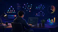 A coder at a modern desk working on a laptop, surrounded by colorful floating representations of data structures and algorithms, with a deep navy background.