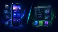 An illustration comparing native and hybrid mobile app development. On the left, a smartphone shows a native app interface, while on the right, a hybrid app is depicted within a web container with code snippets.
