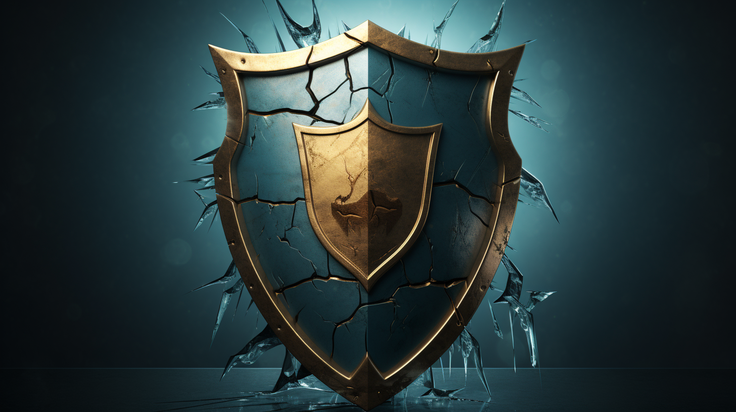 A shield representing compliance with a crack symbolizing security vulnerabilities.