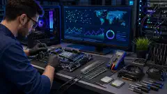An illustration of a technician diagnosing computer hardware and network issues, with motherboards, RAM, and network graphs visible on a desk and screen.