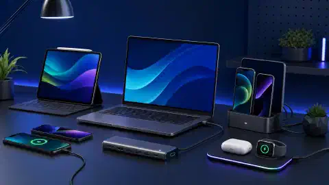 A modern workspace illustration with smartphones, tablets, and laptops on a sleek desk, featuring accessories like a USB-C hub and wireless charging pad, all against a dark background.