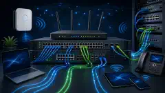 A digital illustration of a modern networking setup featuring routers, switches, and access points with colorful cables and wave signals on a dark background.