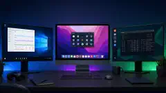 An illustration of a modern workspace featuring three computer screens. One screen shows Windows with Task Manager, another displays macOS with its dock, and the third shows a Linux terminal.