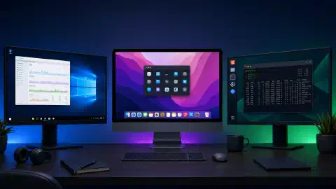 An illustration of a modern workspace featuring three computer screens. One screen shows Windows with Task Manager, another displays macOS with its dock, and the third shows a Linux terminal.