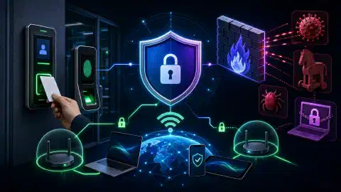 An illustration showing various security elements including a badge reader, biometric scanner, firewall, and malware icons set against a dark background with vibrant colors.