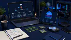 An organized IT study workspace featuring a laptop with a network diagram, hardware components like RAM and CPUs, a tablet displaying cloud services, and mobile devices, all set against a dark blue background.