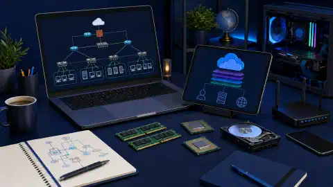 An organized IT study workspace featuring a laptop with a network diagram, hardware components like RAM and CPUs, a tablet displaying cloud services, and mobile devices, all set against a dark blue background.