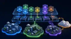 An abstract digital illustration showing interconnected virtual machines and hypervisors, layered representations of various cloud models, all against a dark background with vibrant blue and green accents.