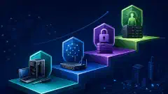 An illustration of a pathway representing the CompTIA certification roadmap, showcasing various certifications like A+, Network+, Security+, and CASP+ against a dark navy background with colorful accents.