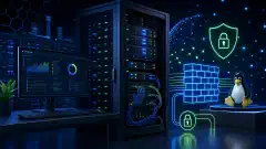 A digital illustration of a modern Linux server environment featuring a server rack with glowing components, network cables, and a monitor showing system tools. The background is dark with vibrant blue and green accents.