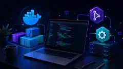 A modern IT workspace featuring a laptop with code snippets in a terminal, surrounded by colorful icons of Docker, Git, and Ansible on a dark background.