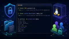 A digital illustration of a Linux terminal with colorful command lines showing Linux security commands like chmod, chown, and setfacl, against a dark background.