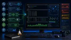 An illustration showing a modern computer setup with terminal commands related to Linux troubleshooting, including network connectivity and performance graphs, against a dark background.