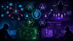 An abstract illustration showing various cyber attack techniques, including network diagrams and code snippets, against a dark background with vibrant colors.