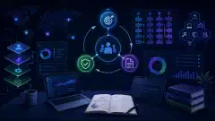 A digital workspace illustration showing flowcharts and diagrams related to penetration testing engagement management, with abstract representations of security frameworks in vibrant colors on a dark background.