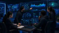 A cybersecurity team collaborates around multiple screens displaying network maps and attack simulations, with a dark background and vibrant accent colors, illustrating a penetration testing scenario.