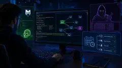 A cybersecurity professional working on a computer, surrounded by visual representations of security tools and techniques in a dark environment with vibrant colors.