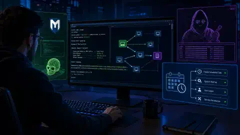 A cybersecurity professional working on a computer, surrounded by visual representations of security tools and techniques in a dark environment with vibrant colors.
