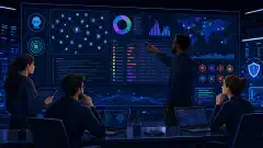 A diverse group of cybersecurity professionals reviewing a large digital screen filled with colorful graphs and charts related to vulnerability discovery, set against a dark background.
