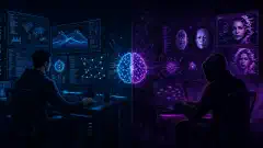A split illustration showing a cybersecurity analyst using AI tools on screens, while the other side depicts abstract representations of an attacker generating malware. The background is dark with vibrant colors.